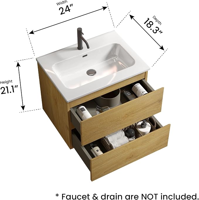 24" Bathroom Vanity with Sink, Modern Floating Vanity with Double Soft Closing - Image 2