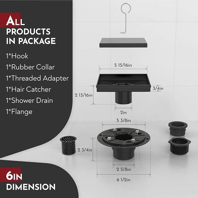 WEBANG 6 Inch Square Shower Drain Black Floor Drain - Image 2
