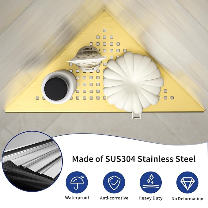 Corner Shower Shelves 10", Brushed Gold 304 Stainless Steel Recessed Bathroom - Image 3