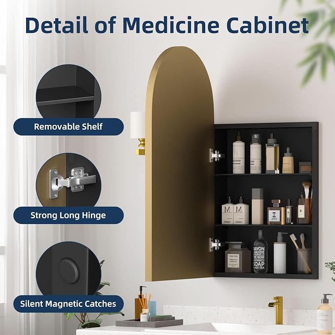 Medicine Cabinets for Bathroom, Brush Gold Arched Medicine Cabinet Recessed or - Image 7