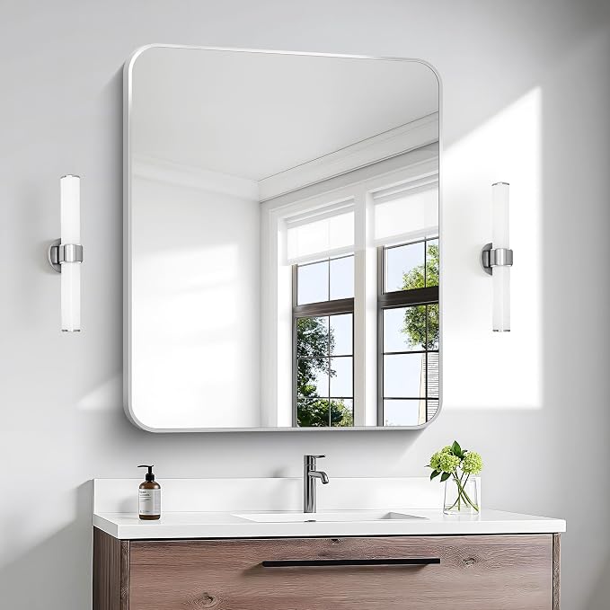 BONEWEI Silver Bathroom Mirror, 30x36 inch Wall Mirror by BONEWEI