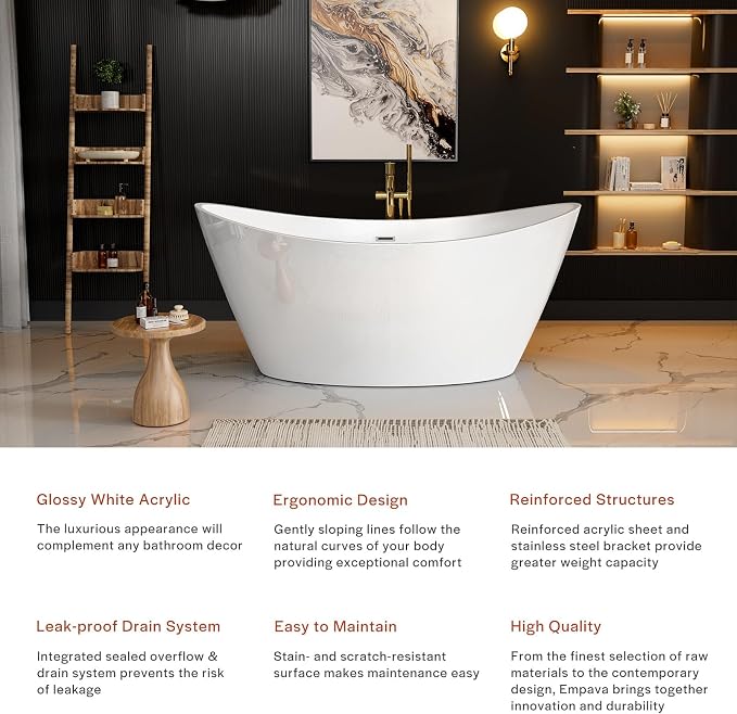 BATHTUB 67" Free Standing Tub, Luxury Acrylic Soaking Tub, Modern Stand Alone - Image 2