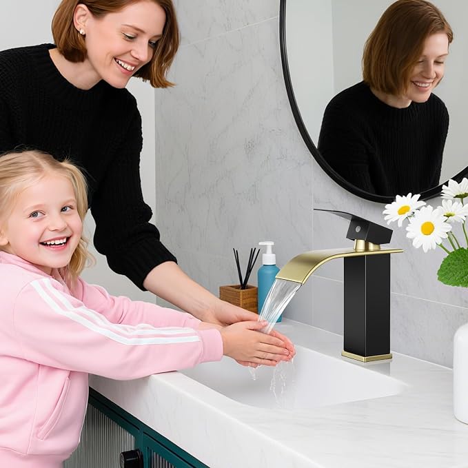 Bathroom Faucets Matte Black and Gold Waterfall Bathroom Sink Faucet Modern - Image 2