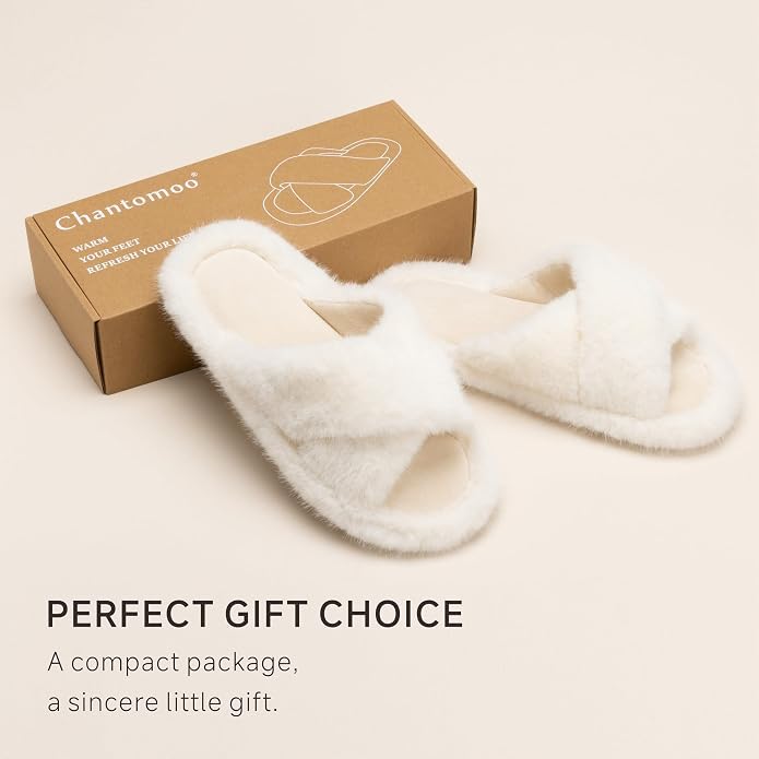 Chantomoo Womens Slippers Memory Foam Fuzzy Cross Band Faux Fur Slippers - Image 5