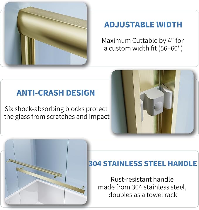 56-60″x 58″ Semi-Frameless Sliding Bathtub Shower Door, 1/4" Tempered Glass - Image 6