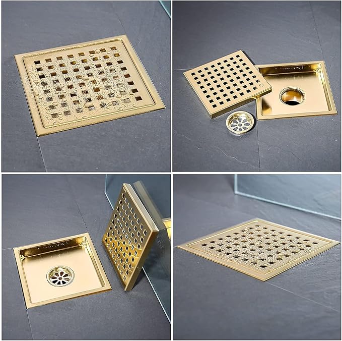 RANDOM Brushed Gold Shower Drain Square 6 Inch Shower Drain Cover Kit - Image 7