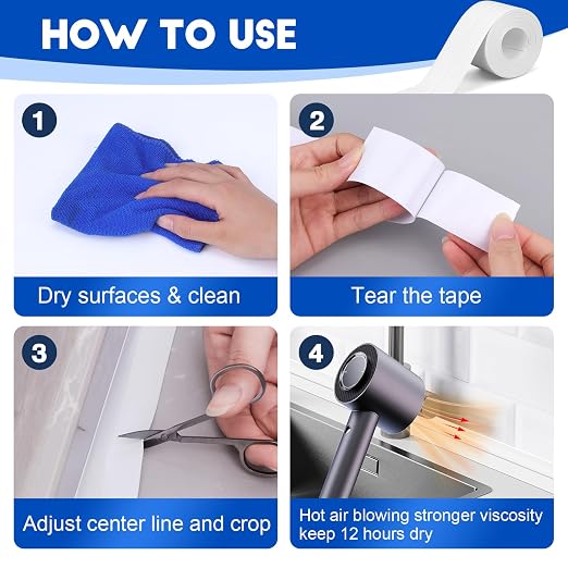 ESRICH White Caulk Tape, 5 Rolls Caulk Tape Waterproof Self Adhesive, Toilet - Image 7
