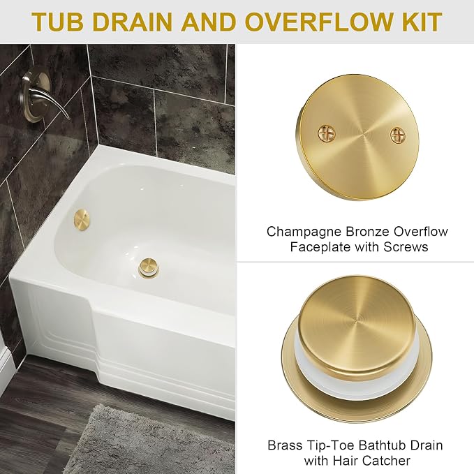 Champagne Bronze Bathtub Drain Stopper and Overflow Kit, Solid Brass Tip-Toe - Image 2