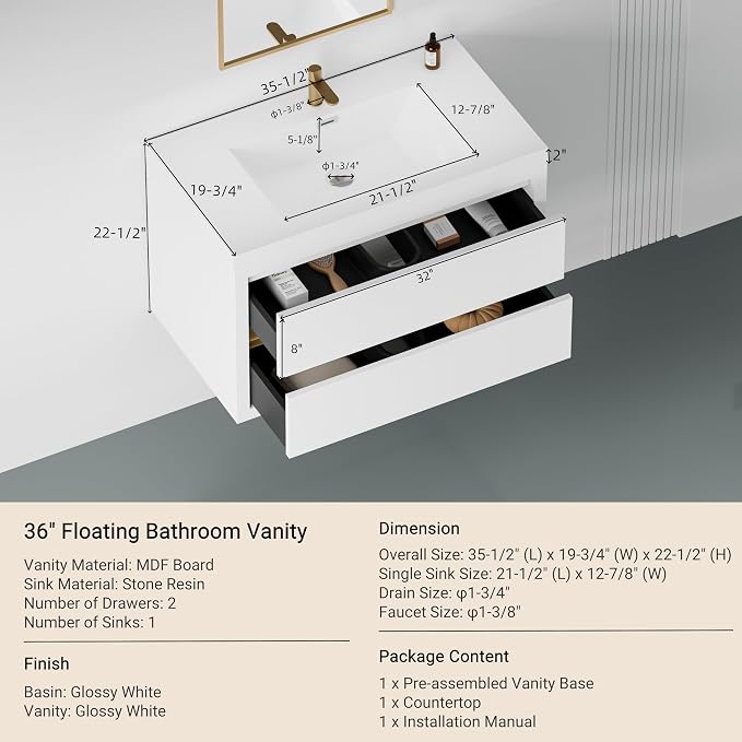 Modern 36" Wall-Mounted Bathroom Vanity - Image 2