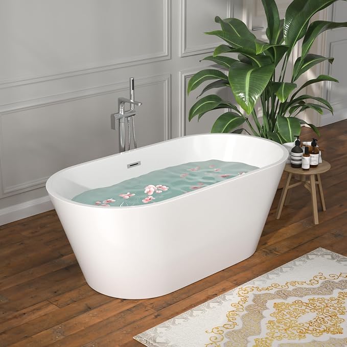 59 Inch Freestanding Acrylic Bathtub White Roll Top Soaking Tub - Image 4