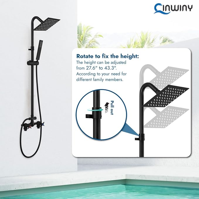 Wall Mounted Outdoor Shower System Matte Black 6" Square Rainfall Shower head - Image 3