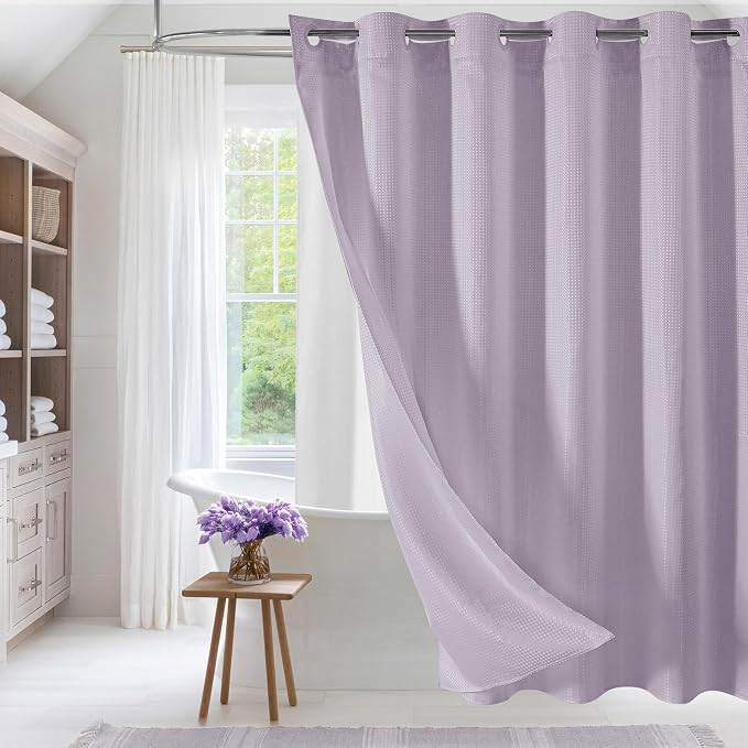 MitoVilla No Hooks Needed Purple Waffle Shower Curtain Liner Set, Modern Waffle by MitoVilla
