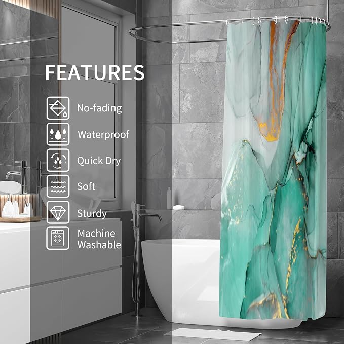 Gibelle Abstract Marble Shower Curtain, Teal Green Jade Texture Gold Stripes - Image 2