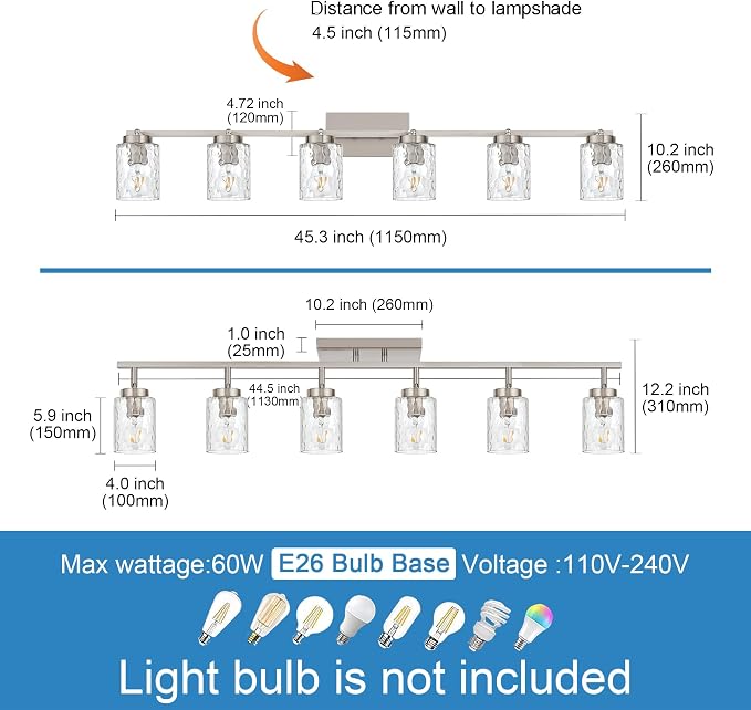 6 Light Track Lighting, Brushed Nickel Bathroom Vanity Light Modern Ceiling - Image 6