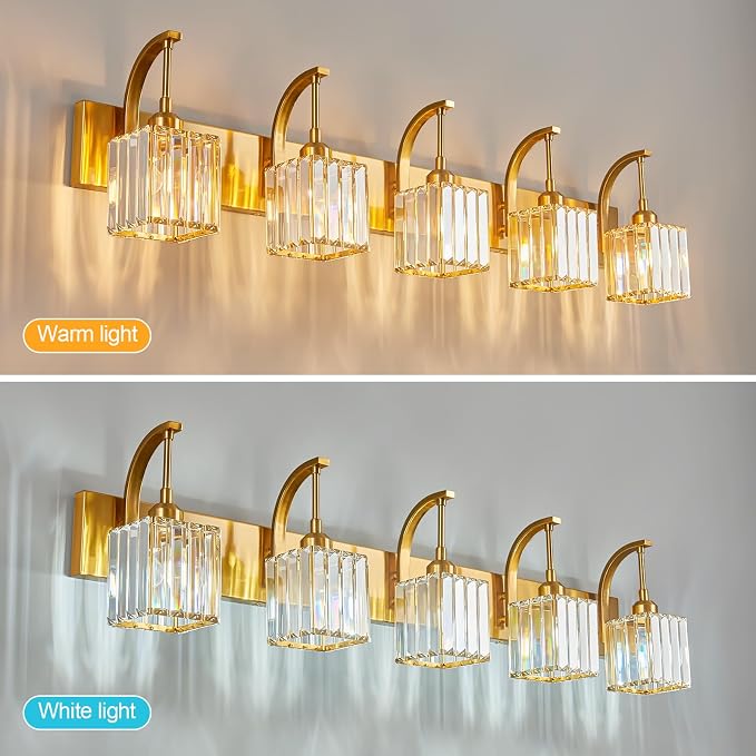 5-Light Crystal Vanity Light, Modern Gold Bathroom Wall Sconce - Image 3