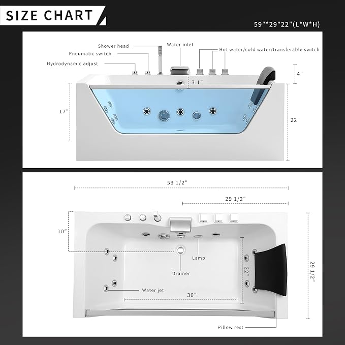 Empava 59" Acrylic Alcove Whirlpool Bathtub - Image 4