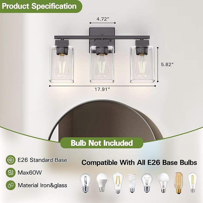 Espird Matte Black Bathroom Vanity Light, 3-Light Vanity Lighting fixtures Over - Image 7