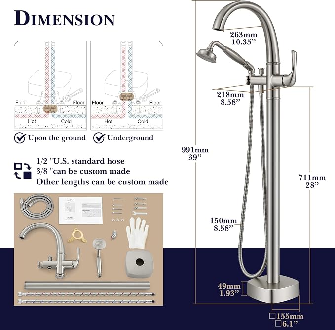 Free Standing Tub Faucet, Hanallx Luxury Brushed Nickel Freestanding Bathtub - Image 6