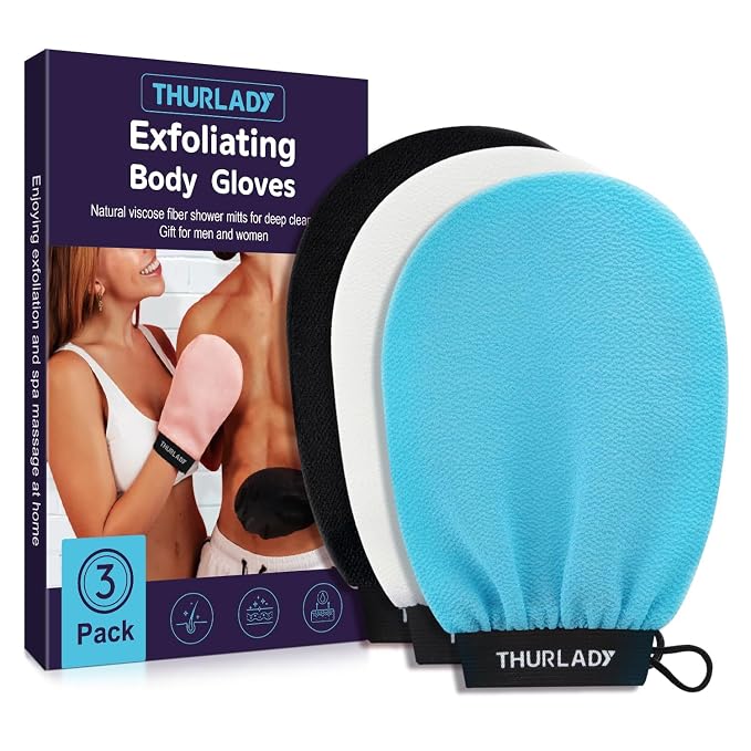 Korean Exfoliating Mitt, Exfoliating Glove, 3 Pack Viscose Fiber Body Scrub by THURLADY