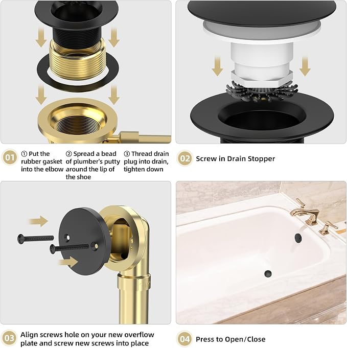 Matte Black Tub Drain Kit with Hair Catcher, Premium Brass Mushroom Tip-Toe - Image 6