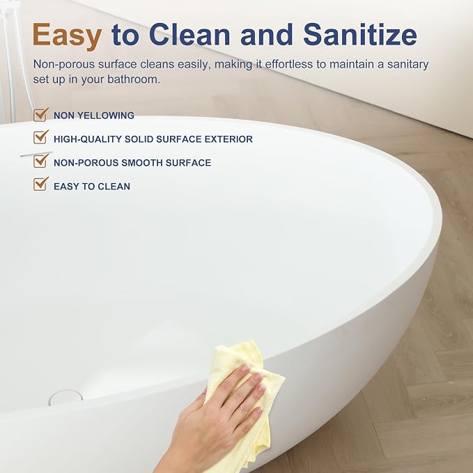 SJ STAR&JANE 67" x 39" Matte White Solid Surface Freestanding Bathtub, Oval - Image 6