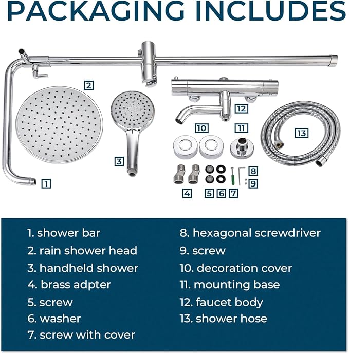 Outdoor Shower Faucet Set 8" Round Shower Head 3 Function Thermostatic Rainfall - Image 7