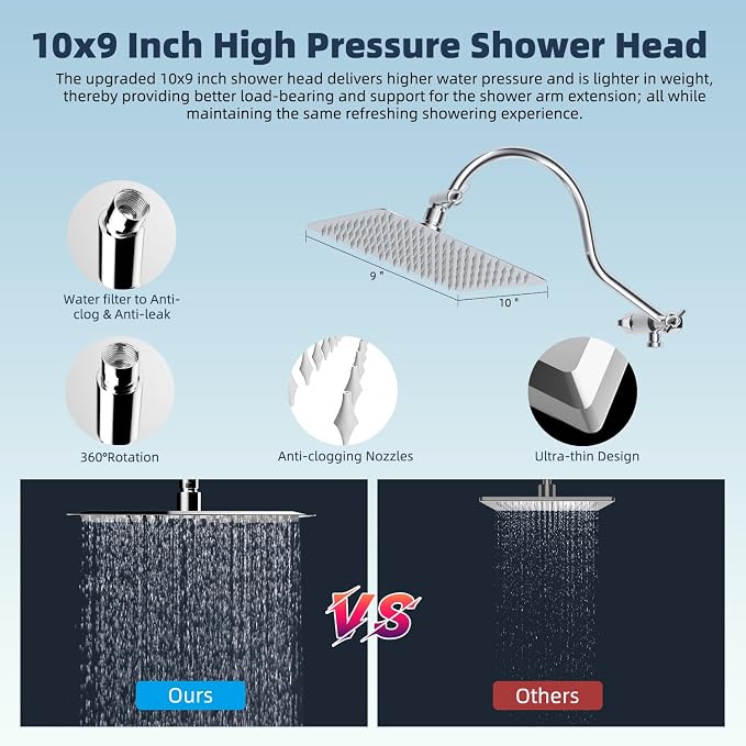 Hibbent All Metal 10'' Dual Filtered Rainfall Shower Head Combo, High Pressure - Image 6