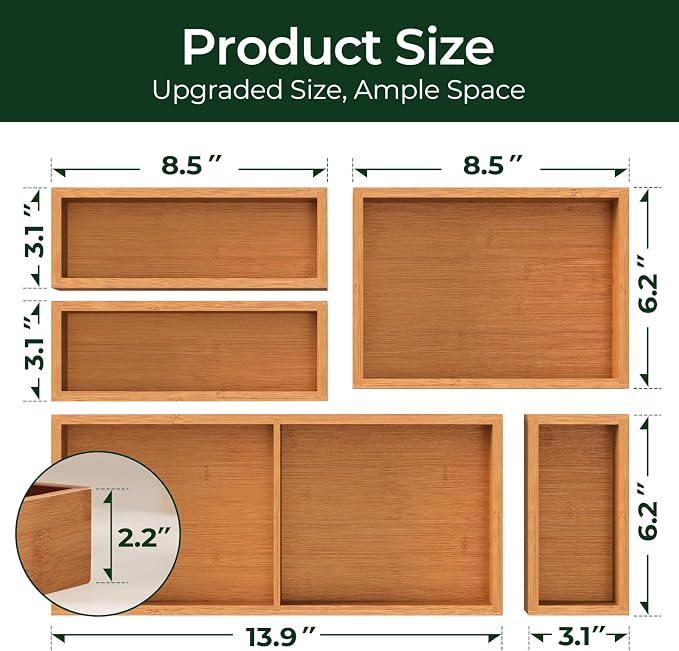 5-Piece Bamboo Drawer Organizer Set, 2.2" Deep Multi-Use Organizers - Image 5