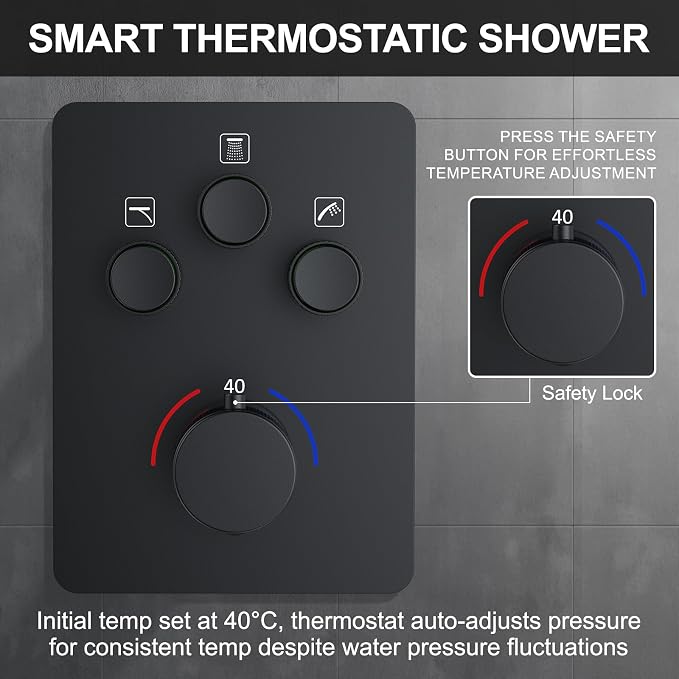 KOJOX Matte Black Thermostatic Shower System, Push Button Diverter Shower - Image 5