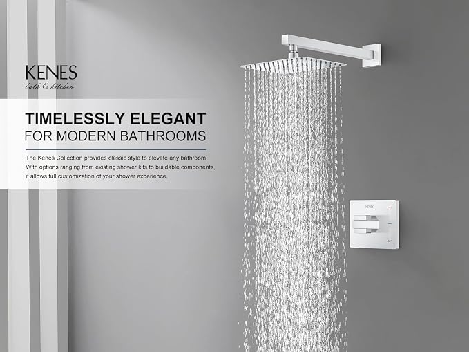 KENES Modern Polished Chrome 10-Inch Shower Head and Handle Set, Square Shower - Image 2