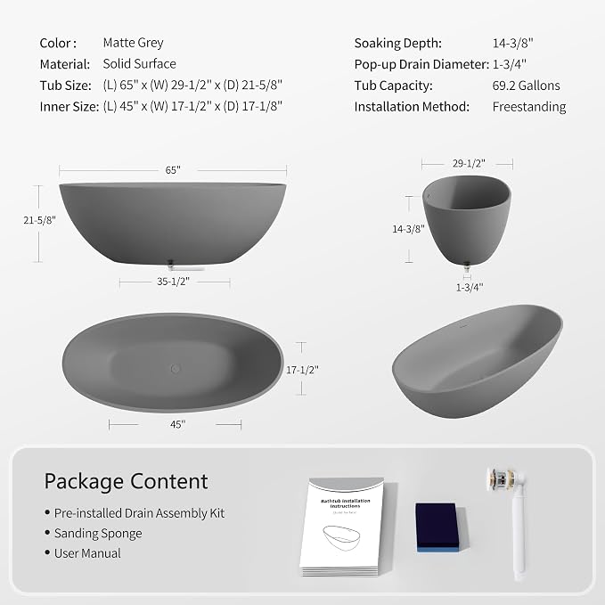 Abruzzo 65" Freestanding Solid Surface Bathtub - Image 4