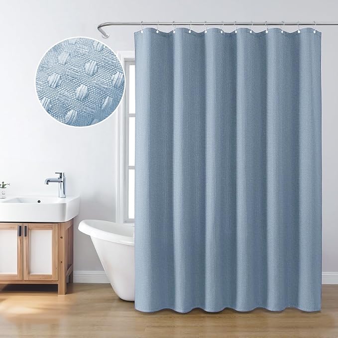 Inhousolu Fabric Shower Curtain Waffle Weave, Fog Blue 230 GSM Heavy Duty - Image 7