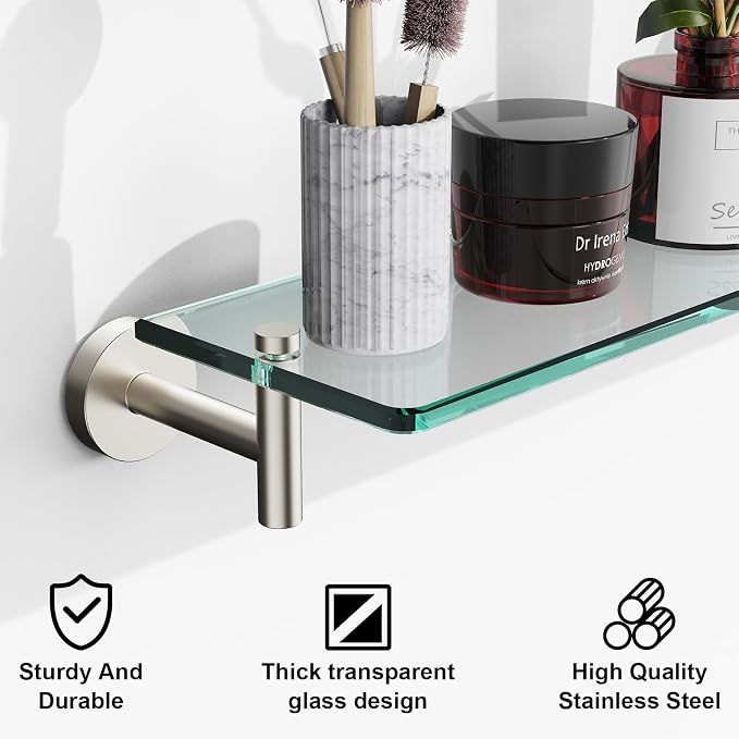 Glass Shelves for Bathroom, 20-Inch Brushed Nickel Floating Bathroom Shelf - Image 6
