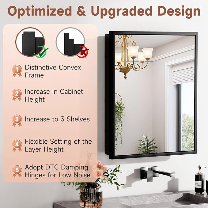 24x30 Inch Medicine Cabinet Mirror Black Bathroom Cabinet - Image 5