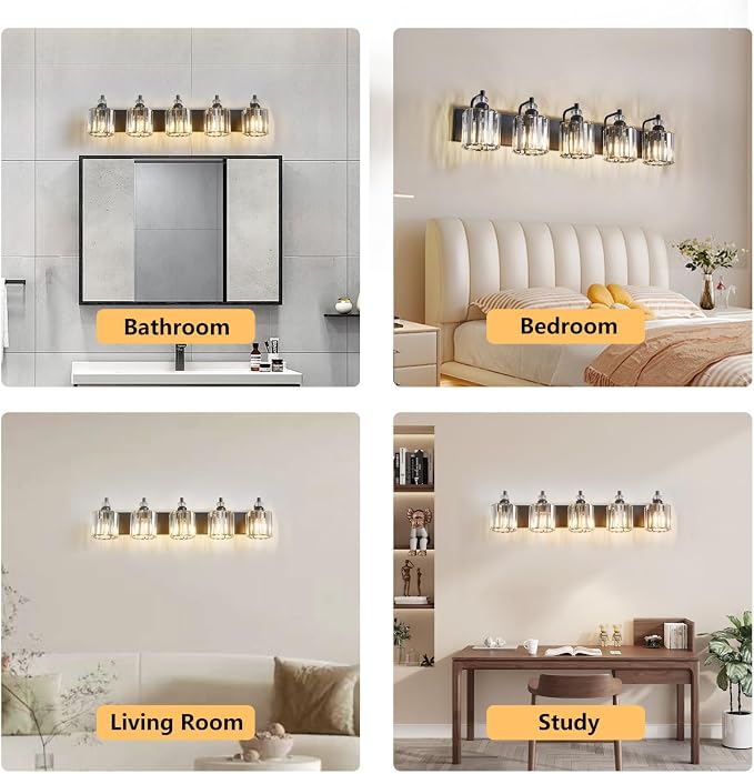 5-Light Black Bathroom Light Fixtures Over Mirror Modern Vanity Lights Crystal - Image 8