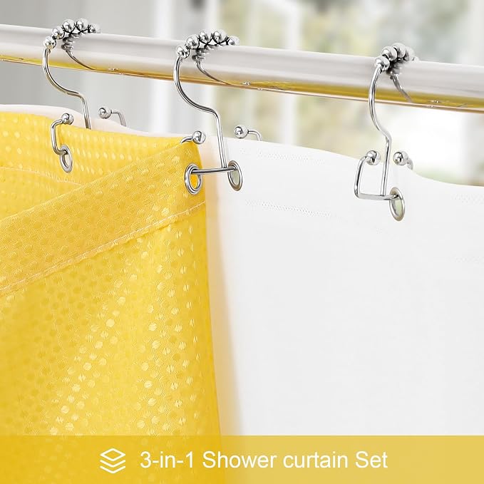 3 in 1 Stall Half Size Yellow Shower Curtain Set-36 W x 72 H, Modern Waffle - Image 2
