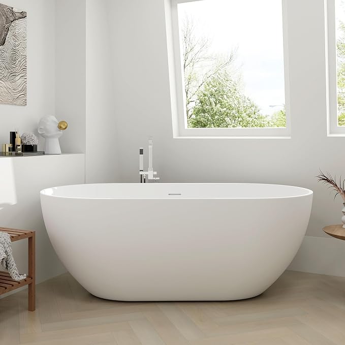 SJ STAR&JANE 59" Solid Surface Freestanding Bathtub, Matte White Oval Soaking - Image 2