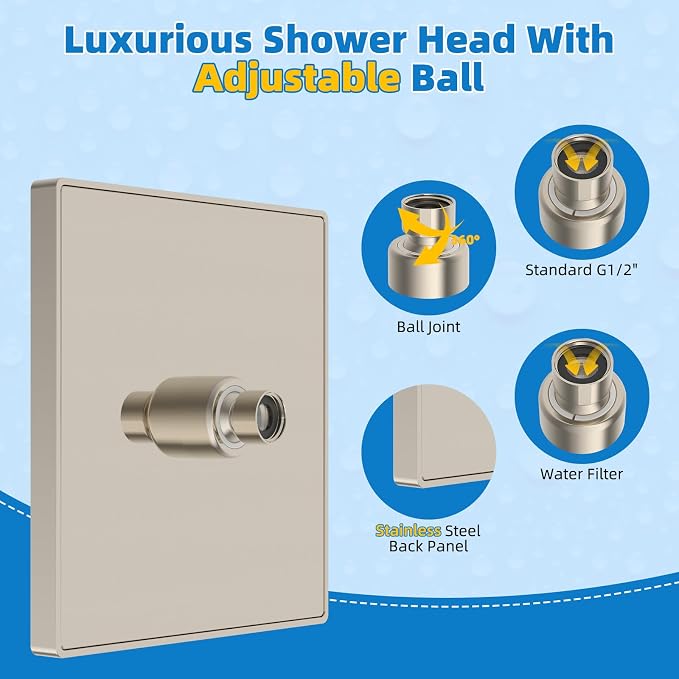 Hibbent Thickness Metal Rain Shower Head, 8 Inch High Pressure Rainfall Shower - Image 2