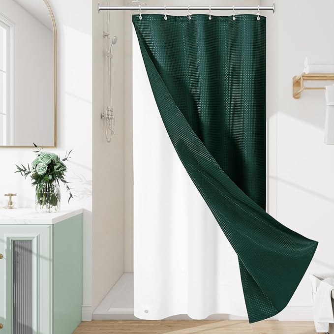 3 in 1 Stall Half Size Dark Green Shower Curtain Set-36 W x 72 H, Modern Waffle by Unknown