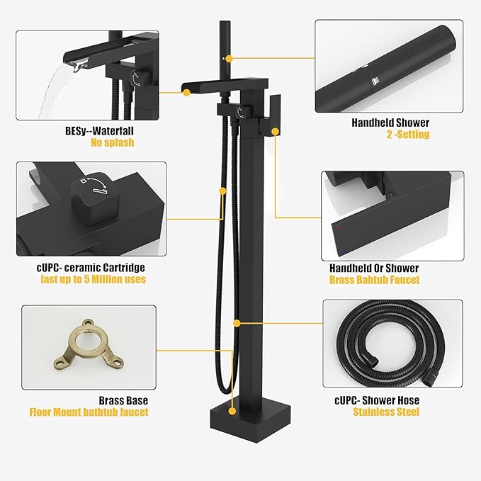 BESy Tub Filler Freestanding Bathtub Faucet Free Standing Tub Faucet Matte - Image 4