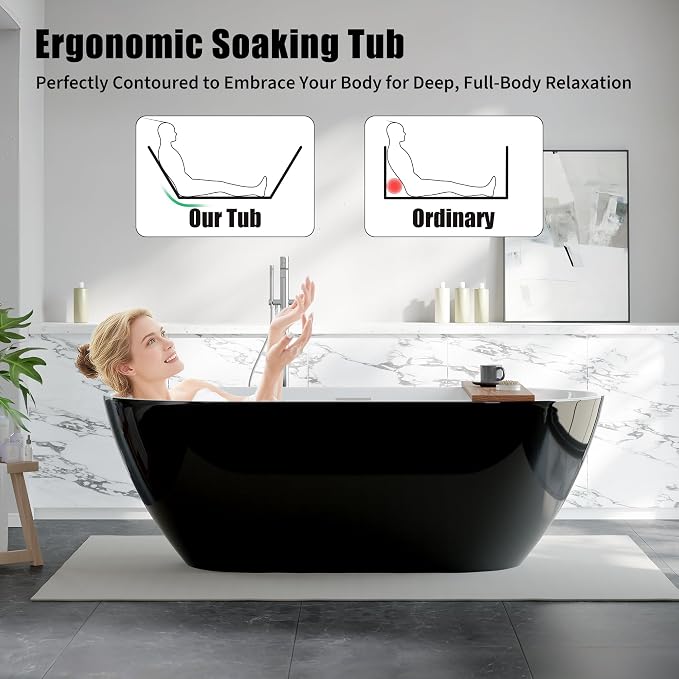 67 in Acrylic Freestanding Bathtub, Contemporary Stand Alone Tub, Glossy Black - Image 3