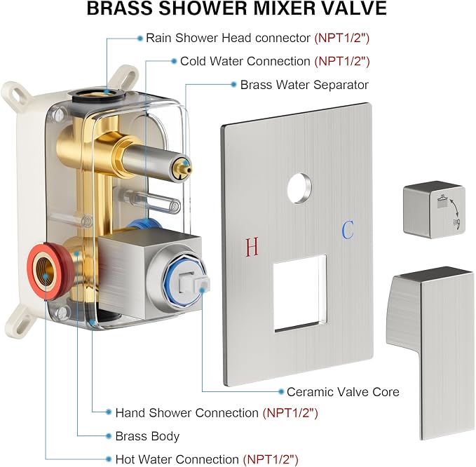 Shower Faucet Set Bathroom Square Rain Shower Head and Handle Set, Wall Mounted - Image 6