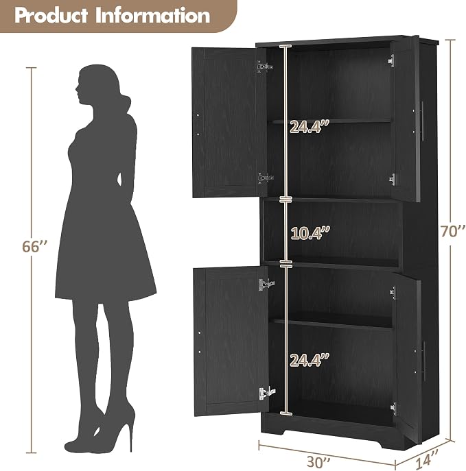 IDEALHOUSE Black Pantry Cabinet, Freestanding Cupboard, Tall Storage Cabinet - Image 2