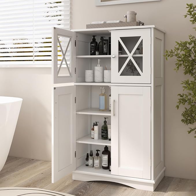 Tangkula Freestanding Floor Cabinet w/2 Glass Doors, 3-Level Adjustable Shelves - Image 2