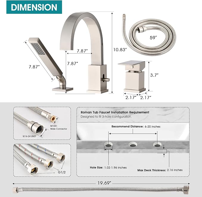Brass Roman Tub Faucet with Sprayer, Deck Mount Bathtub Faucet with Hand Shower - Image 7