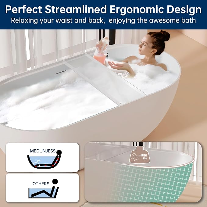 59'' Stone Resin Freestanding Bathtub, Bathroom Solid Surface Tub Bathtubs - Image 6