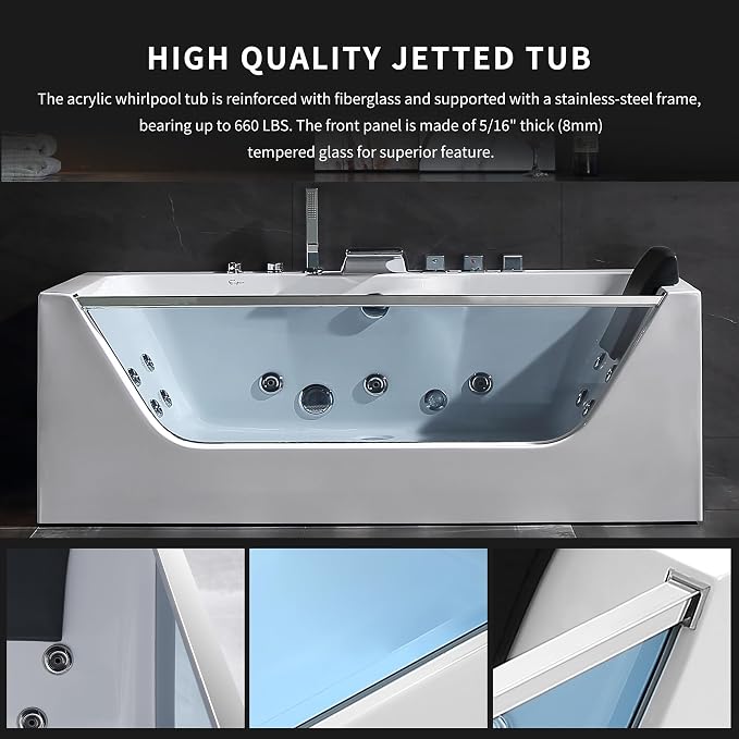 Empava 67" x 30" Whirlpool Tub, 750W Acrylic Jetted Bathtub - Image 8