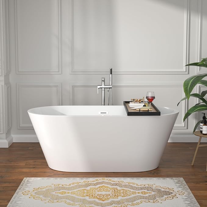 59 Inch Freestanding Acrylic Bathtub White Roll Top Soaking Tub - Image 2