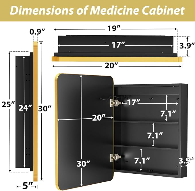 APRILSOUL 20X30 Inch Gold Bathroom Medicine Cabinet - Image 4