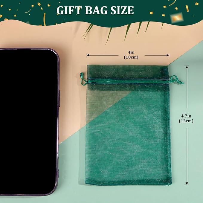 Hopttreely 100PCS Dark Green Organza Bags, 4X4.72 inch Mesh Bags Drawstring - Image 2